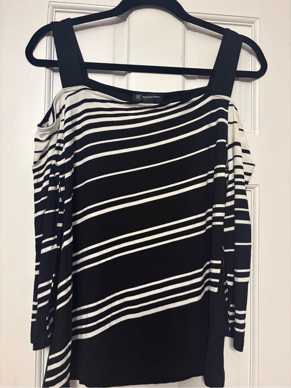 INC International Concepts Black and White Striped Cold-Shoulder Long Sleeve Top